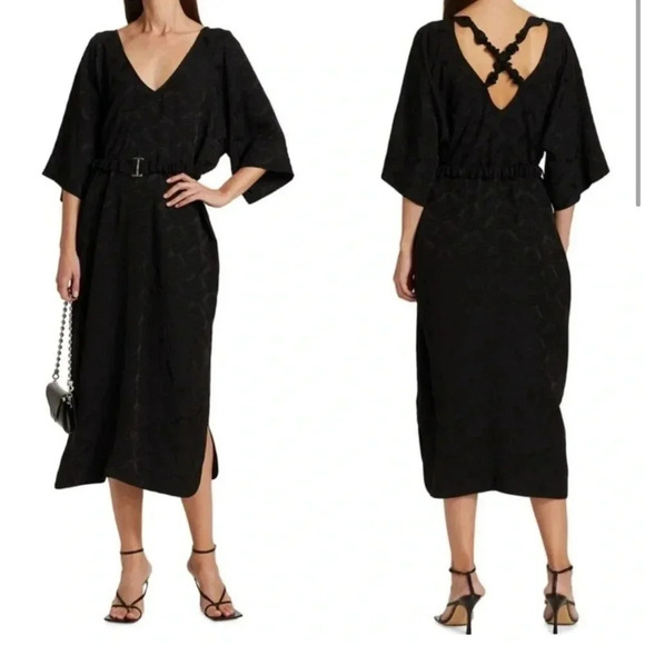 Ganni Naia Jacquard Black Floral Wide Sleeve Cross Back Midi Dress Size 6 - Picture 4 of 15